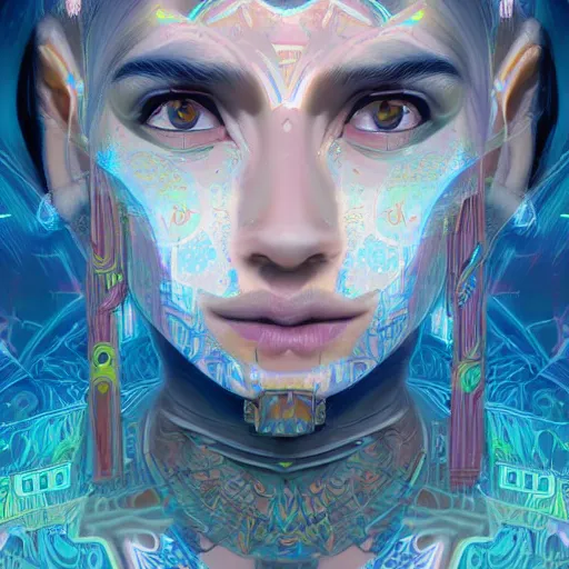 Image similar to portrait of a future metaverse ayahuasca tech shaman warrior, 2 d cartoon, visionary art, symmetric, magick symbols, holy halo, shipibo patterns, sci - fi, concept art, trending on art station, 8 k digital art, by mandy jurgens, fantasy portrait art, anime