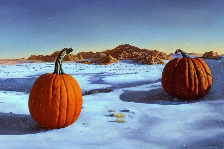 Prompt: a snowy pumpkin drippy in the desert sun, surrealism, james gurney, trending on artstationhq