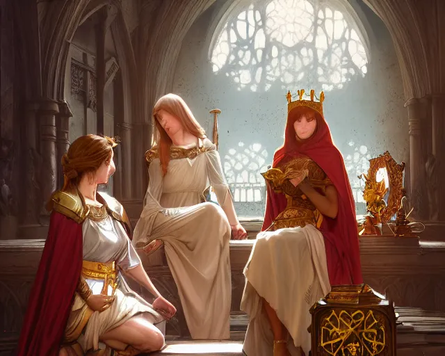 Prompt: photography of the three marys at the sepulchre, deep focus, d & d, fantasy, intricate, elegant, highly detailed, digital painting, artstation, concept art, matte, sharp focus, illustration, hearthstone, art by artgerm and greg rutkowski and alphonse mucha