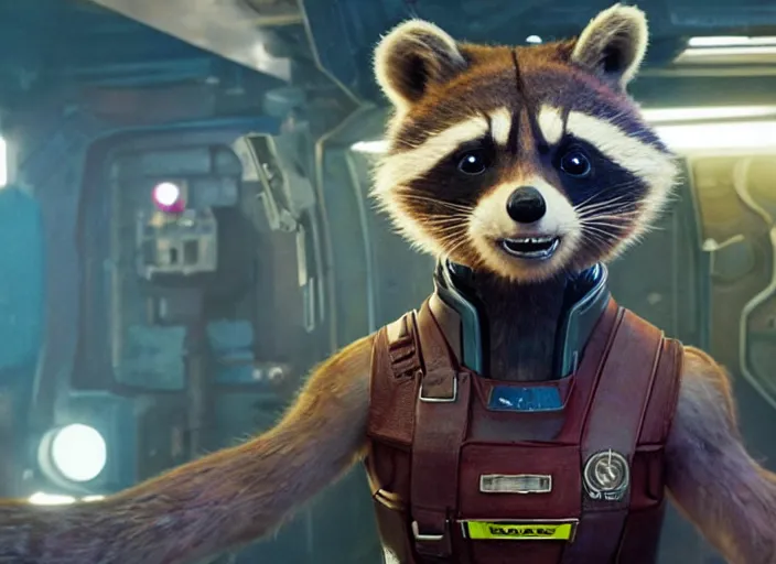 Image similar to film still of Rocket Racoon working at McDonald's in the new Guardians of the Galaxy movie, 4k