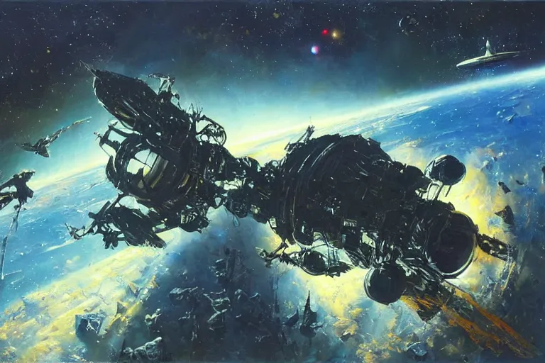 Image similar to a beautiful space scene with a spaceship and a dark, plain, simple starry background, art by alan bean and john berkey trending on artstation, highly detailed oil painting, hyperrealistic, cinematic, dramatic lighting, sharp color palette