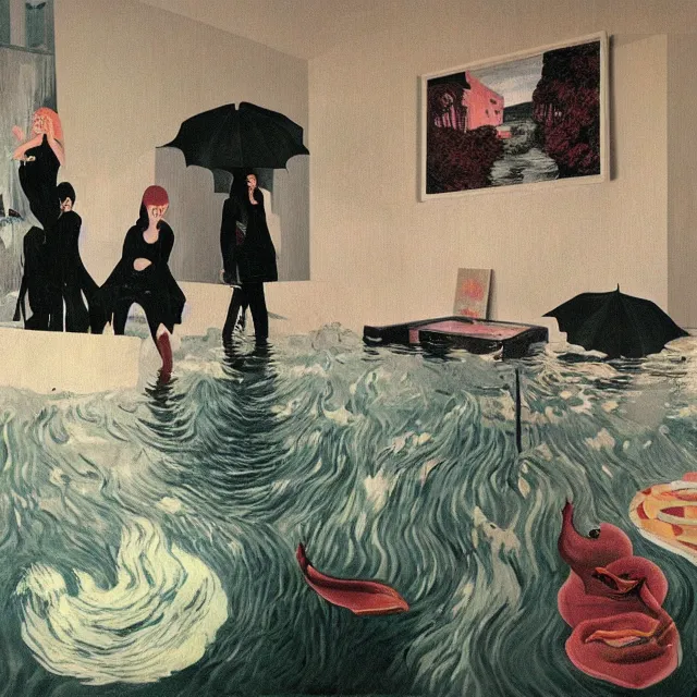Image similar to tall female emo artists in their flooded apartment, painting of flood waters inside an artist's home, a river flooding indoors, pomegranates, pigs, ikebana, zen, water, octopus, river, rapids, waterfall, black swans, canoe, berries, acrylic on canvas, surrealist, by magritte and monet