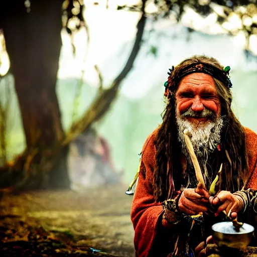 Image similar to hippie tribal hobo witch doctor wearing twigs and leaves smiling sheepishly, campfire, bong, water pipe, highly detailed, dramatic lighting, night time, cinematic, hyperrealistic, detailed, movie still from game of thrones