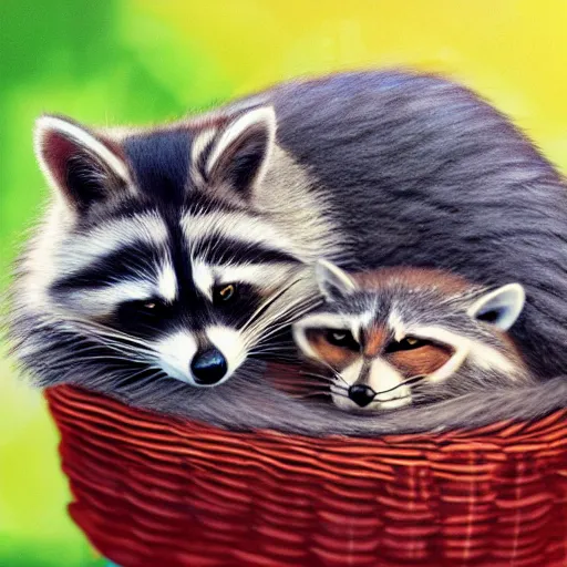 Image similar to a beautiful and realistic picture of a cat and a raccoon cuddling in a basket with a red sunset behind, photo realistic 4K, shot with a 35mm, very detailled, trending on Artstation