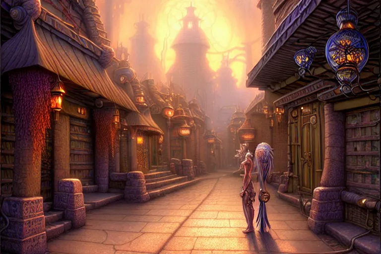 Image similar to a highly detailed street of both magical beings, tana'ri and primes alike in the planescape city of sigil, amazing planescape digital painting, by gerald brom, brom digital art, intricate details, ultra realistic, beautiful art, volumetric lighting, warm colors advance cool colors recede, by brom, trending cgsociety, artstation, rim lighting, 8 k