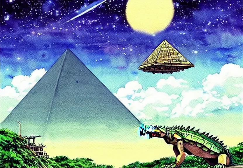 Image similar to a hyperrealist watercolor concept art from a studio ghibli film showing a giant mechanized crocodile from howl's moving castle ( 2 0 0 4 ). a pyramid is under construction in the background, in the rainforest on a misty and starry night. a ufo is in the sky. by studio ghibli