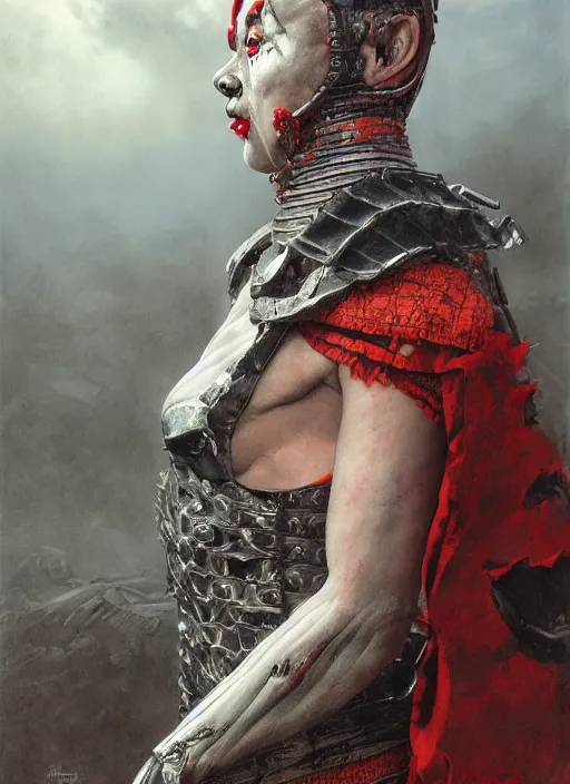 Image similar to portrait of a diabolical cyborg clown samurai shaolin girl, torn cape, adaptive armor, dynamic pose, heavy eyes to the side, ancient ruins, glowing veins subsurface scattering, in clouds, sunset, portrait, by gerald brom, by mikhail vrubel, by peter elson, muted colors, extreme detail, reflections, trending on artstation, 8 k