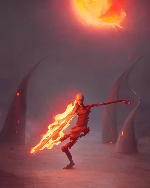 Image similar to humanoid squid squidward wearing fire nation clothing and practicing firebending outside at susnset, [ greg rutkowski ]