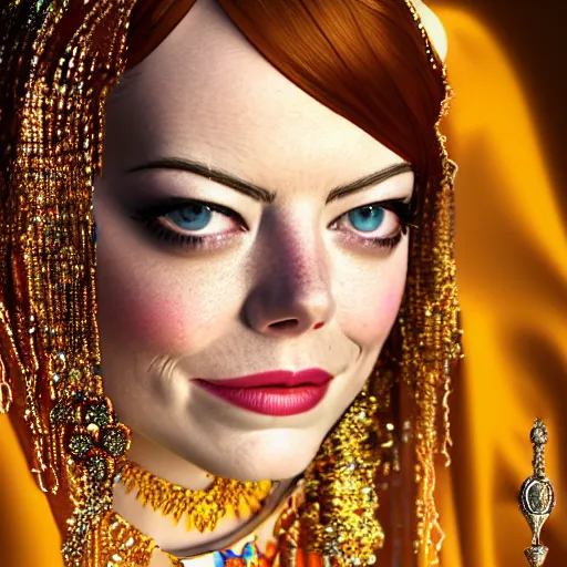 Image similar to a digital portrait of emma stone dressed as a belly dancer, arabian night, high quality, fully detailed, 4 k, in focus face with fine details, realistic hands