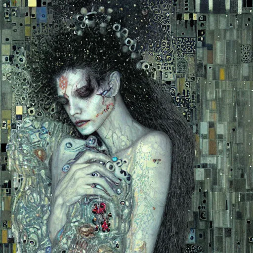 Image similar to cybernetic vampire sleeping in circuits, intricate detail, klimt, royo, whealan,