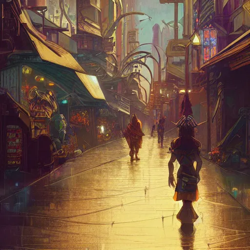 Image similar to Tlingit Maori cyberpunk city street scene by Greg Rutkowski, Alphonse Mucha, Anato Finnstark, and Studio Ghibli