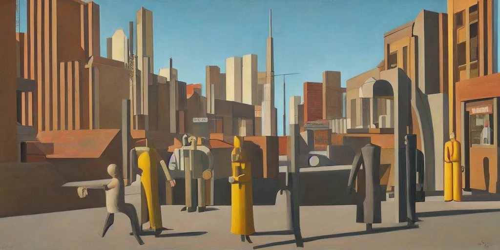 Prompt: stark brutalist town, street elevation, robot guards, grant wood, pj crook, edward hopper, oil on canvas