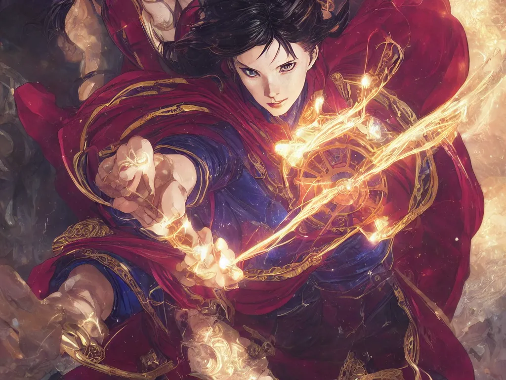 Image similar to anime key visual of one beautiful female doctor strange, marvel comics, spells, magic, intricate, inside magical temple stunning, highly detailed, digital painting, artstation, smooth, hard focus, illustration, art by artgerm and greg rutkowski and alphonse mucha