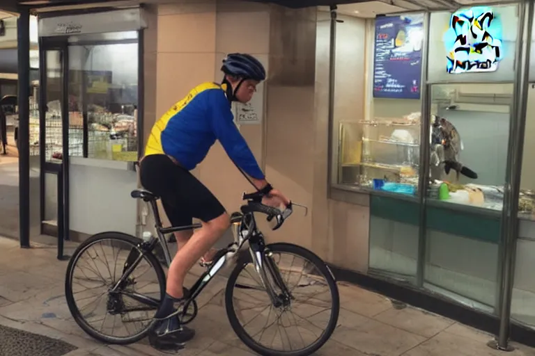 Image similar to cyclist in toilet!!! inside mcdonalds is eating donuts!!! and drinking yerba!!! mate