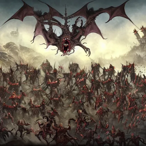 Image similar to Horde of the undead, with the faces of Gollum, attacks the castle, top view, flying dragons,