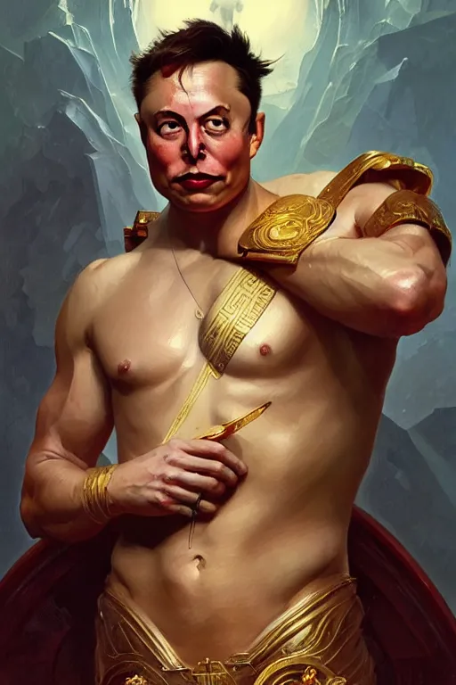 Image similar to Elon Musk as a Greek god, gorgeous, amazing, muscular, fit, intricate, highly detailed, digital painting, artstation, concept art, sharp focus, illustration, art by greg rutkowski and alphonse mucha