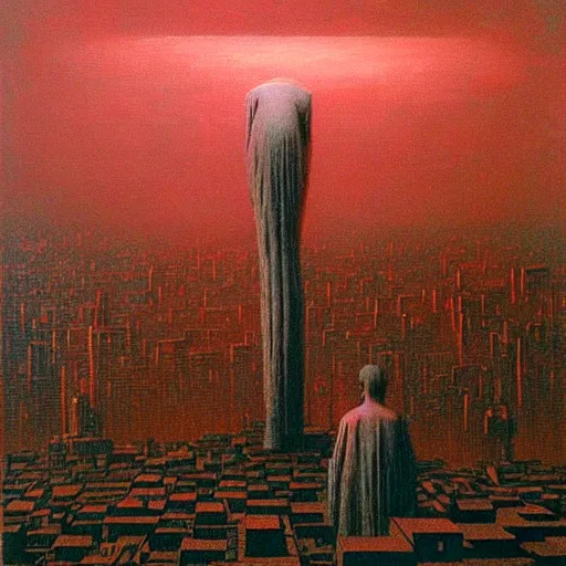 Image similar to a giant latex doll stands over a city painting by beksinski, barlowe colors. masterpiece painting