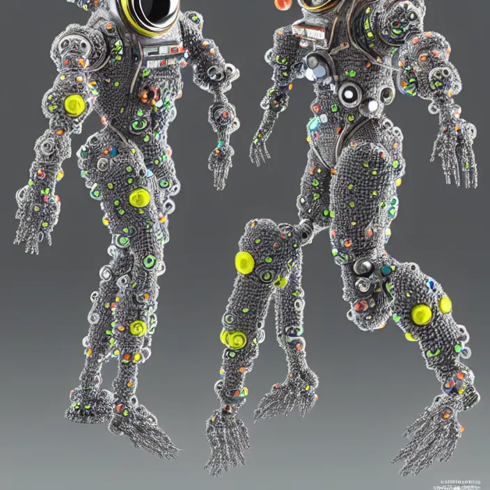 Image similar to a cybernetic symbiosis of a single astronaut mech-organic eva suit made of pearlescent wearing anodized thread knitted shiny ceramic multi colored yarn thread infected with kevlar,ferrofluid drips,carbon fiber,ceramic cracks,gaseous blob materials and diamond 3d fractal lace iridescent bubble 3d skin dotted covered with orb stalks of insectoid compound eye camera lenses orbs floats through the living room, film still from the movie directed by Denis Villeneuve with art direction by Salvador Dalí, wide lens,