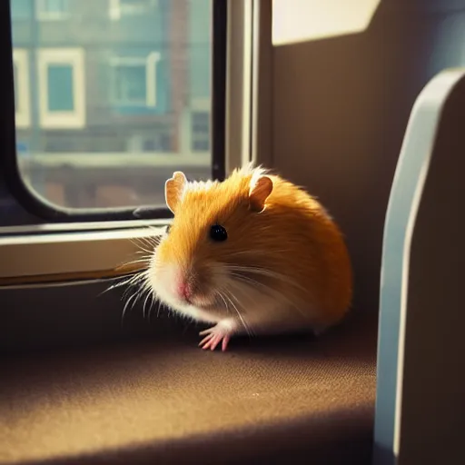 Prompt: detailed photo of a hamster, sitting on a seat in a train, various poses, wide shot, unedited, soft light, sharp focus, 8 k