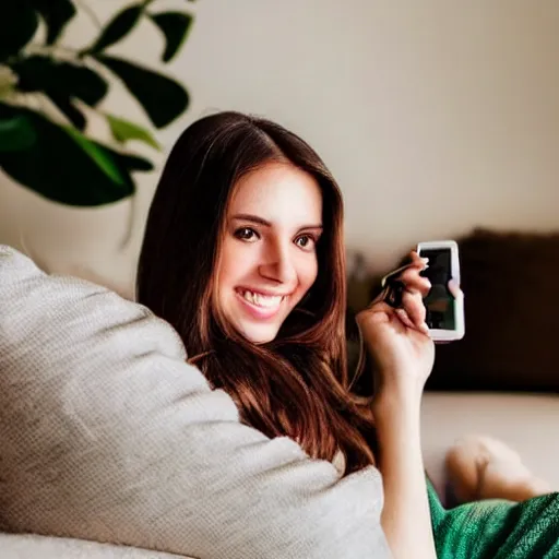 Prompt: Selfie photograph of a cute young woman smiling, long shiny bronze brown hair, full round face, emerald green eyes, medium skin tone, light cute freckles, smiling softly, wearing casual clothing, relaxing on a modern couch, interior lighting, cozy living room background, close-up shot, professional photography