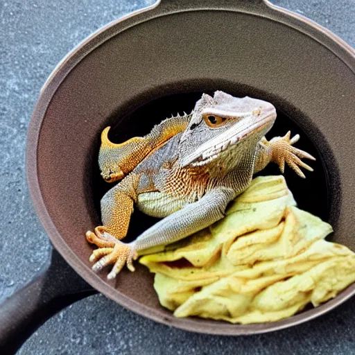 Prompt: bearded dragon basking in a frying pan