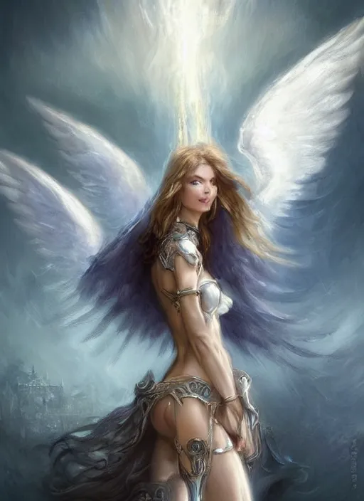 Image similar to concept art, angel knight girl. by artstation trending, by joseph mallord william turner, luis royo, konstantin razumov, cinematic lighting, fractal flame, highly detailed