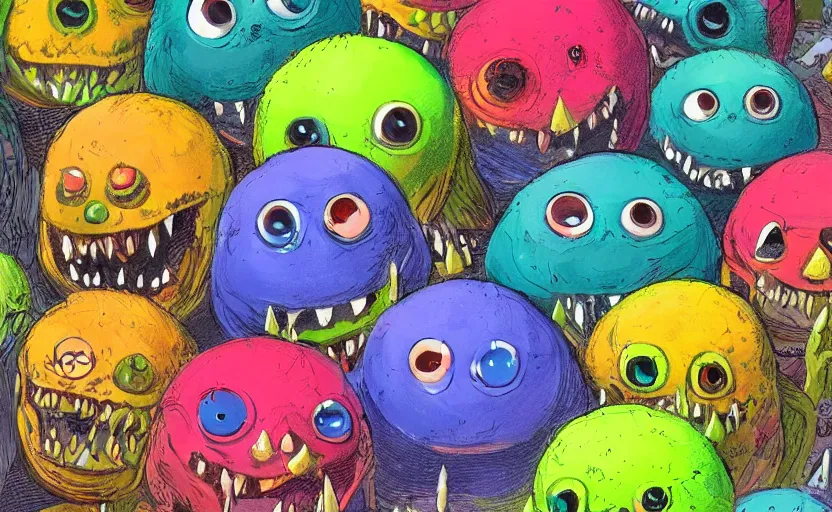 Image similar to an army of differnt tennis ball monsters, colorful, digital art, fantasy, magic, chalk, trending on artstation, ultra detailed, professional illustration by basil gogos