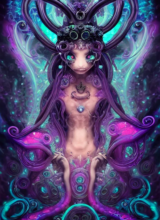 Image similar to A full shot of a dark fairy from the Abyss covered in opal. Symmetrical. Underwater. Lit from above. Dark foreboding Atmosphere. Sailor Moon. Tentacles. Kawaii. Neon glow. By Lisa Frank and HR Giger and Ross Tran. Key Art. Fantasy Illustration. award winning, Artstation, intricate details, realistic, Hyperdetailed, 8k resolution. Photoreal. Octane Render.