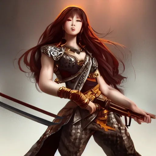 Image similar to beautiful Asian woman with a weapon, full view, character design, warrior outfit, dramatic lighting, by seunghee Lee,detailed, artstation