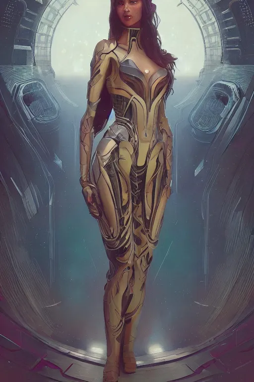 Image similar to full body portrait of a girl, sci fi, synthwave, cyberpunk, intricate, elegant, highly detailed, digital painting, artstation, concept art, smooth, sharp focus, illustration, art by artgerm and greg rutkowski and alphonse mucha