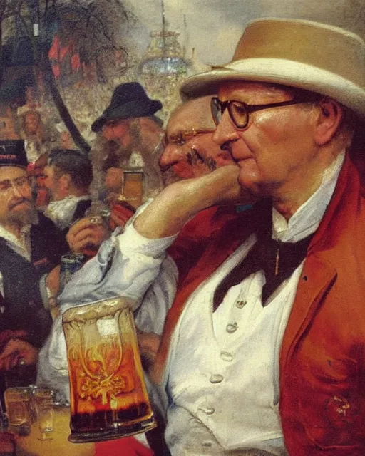 Image similar to a painting of erich honecker holding a mug of beer at the oktoberfest, a detailed painting by konstantin makovsky and by jan matejko and by nikolay makovsky, shutterstock contest winner, german romanticism, detailed painting, oil on canvas, wimmelbilder