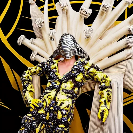 Prompt: close up of a SpongeBob fashion model in year 3000 in art-deco entrance hall, model wearing a huge surreal Avant-garde helmet that looks like ingold, photography , official Versace editorial , highly detailed