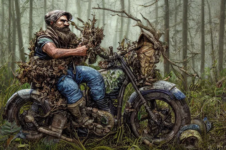 Prompt: a highly detailed garden gnome driving a forest camo motorcycle, overgrown, post apocalyptic road warrior style, wide angle, an ultrafine detailed painting by p. craig russell and barry windsor - smith, trending on deviantart, octane, masterpiece