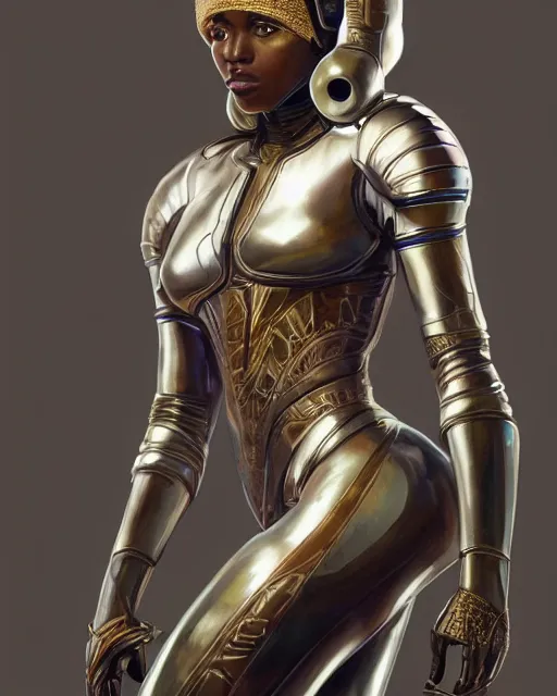 Prompt: full body Portrait of very beautiful african woman, spacesuit, holding her helmet, real life skin, intricate, elegant, highly detailed, artstation, concept art, smooth, sharp focus, art by artgerm and greg rutkowski and alphonse mucha