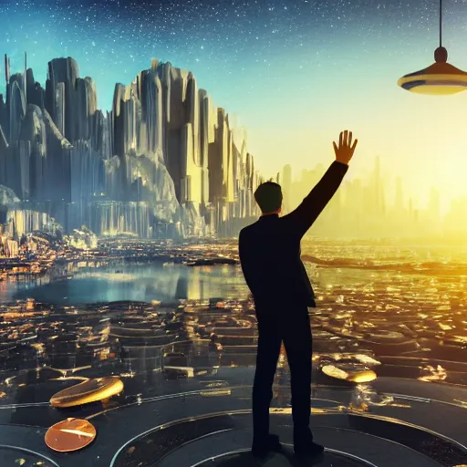 Image similar to highly detailed beautiful futuristic world, man waving goodbye to crowd full of people, ((cryptocurrency in background))