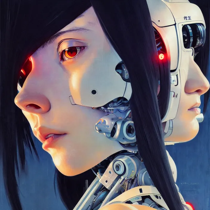 Prompt: side portrait of cyborg girl with robotic parts | | head only, audrey plaza, fine detail!! anime!! realistic shaded lighting!! poster by ilya kuvshinov katsuhiro otomo ghost - in - the - shell, magali villeneuve, artgerm, jeremy lipkin and michael garmash and rob rey