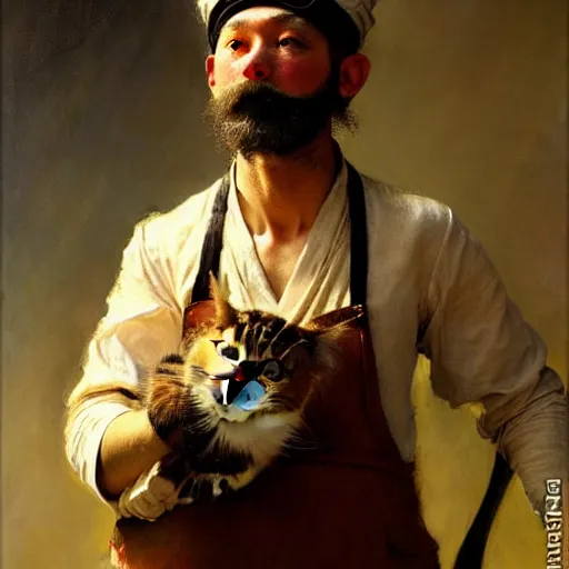 Image similar to a portrait of a cat dressed as a cook, high detail, cleary see face, by gaston bussiere, bayard wu, greg rutkowski, odd nerdrum, maxim verehin, dan dos santos, masterpiece, sharp focus, cinematic lightning - h 7 6 8