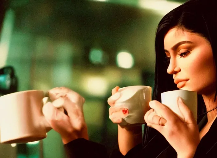 Image similar to a close - up, color cinema film still of kylie jenner drinking coffee at a starbucks, ambient lighting at night, from matrix ( 1 9 9 9 ).