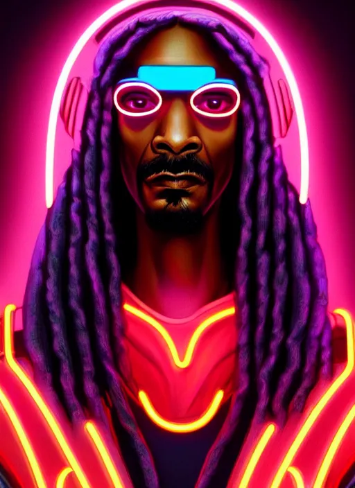 Image similar to portrait of snoop dog cyber humanoid, intricate, elegant, cyber neon lights, highly detailed, digital painting, artstation, glamor pose, concept art, smooth, sharp focus, illustration, art by artgerm and greg rutkowski