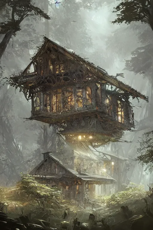 Prompt: a ramshackle multistory hut in the woods, well armored, intricate, elegant, fantasy, highly detailed, digital painting, concept art, sharp focus, illustration, beautiful volumetric lighting, artstation, art by artgerm and greg rutkowski