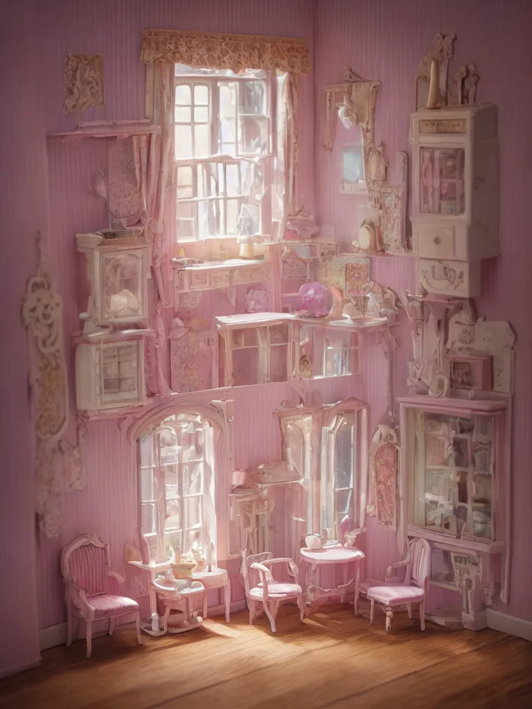 Image similar to hyperrealistic, highly detailed rendering, one source of light, interior of a victorian doll house, polly pocket, cute, strange, pastel tones, victorian furnitures, low natural light, volumetric light windows, oak wood floor, luxe, 8 k, ultra wide angle