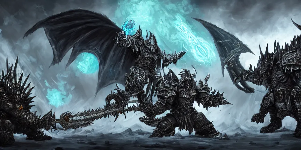 Image similar to an epic battle between the lich king and deathwing from world of warcraft trending on artstation