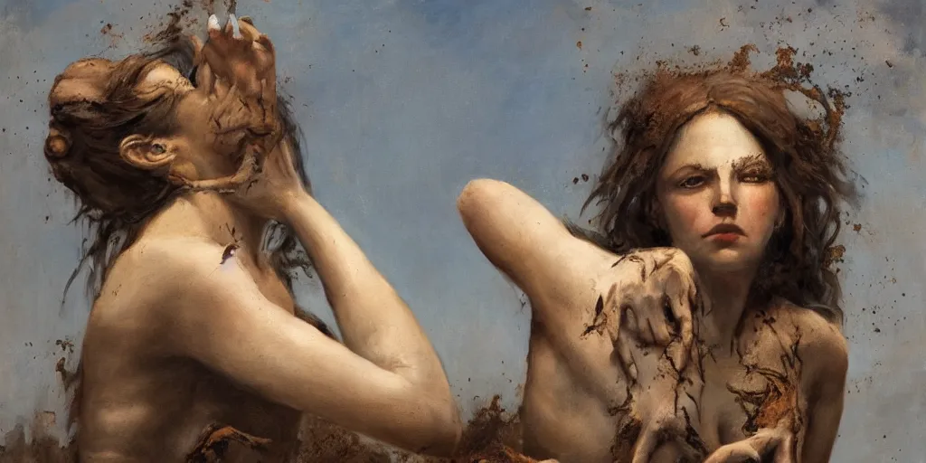 Image similar to highly detailed photography of a woman made of rust clay, surrounded by wolves, big rocks, hand gesture, dust particles, dramatic scene, aesthetic, dynamic lighting, masterpiece, by roberto ferri, blue background, high quality, spatula