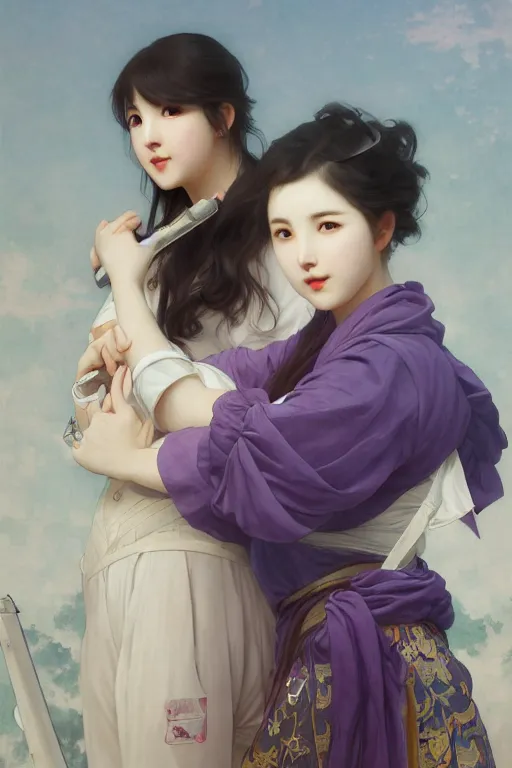 Prompt: Full View of Eunha from Viviz and gFriend wearing a purple military uniform and puffy silk shorts, white leggings, and a billowy scarf. masterpiece 4k digital illustration by Ruan Jia and Mandy Jurgens and Artgerm and william-adolphe bouguereau, award winning, Artstation, art nouveau aesthetic, Alphonse Mucha background, intricate details, realistic, panoramic view, Hyperdetailed, 8k resolution, intricate art nouveau