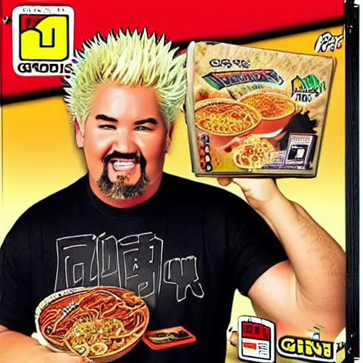 Image similar to guy fieri has ramen noodle hair for the nintendo genesis, game case, box art