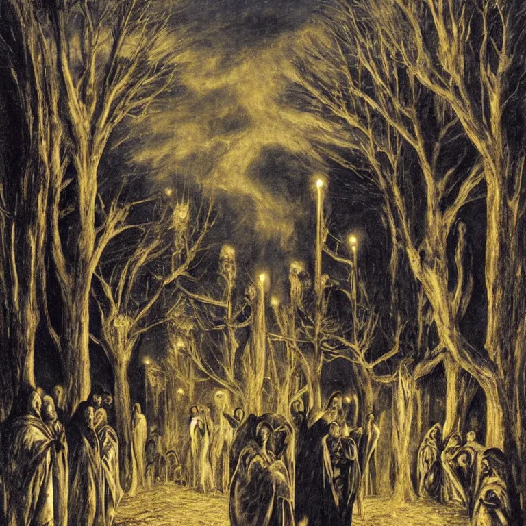 Prompt: A Holy Week procession of souls in a Spanish landscape at night. A figure at the front holds a cross. El Greco, Remedios Varo, Salvador Dali, Carl Gustav Carus, John Atkinson Grimshaw. Blue tint.