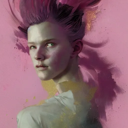 Image similar to Portrait of a tomboy with pink hair, glowing skin, fantasy, by Greg Rutkowski and Dave McKean, pink and gold color palette