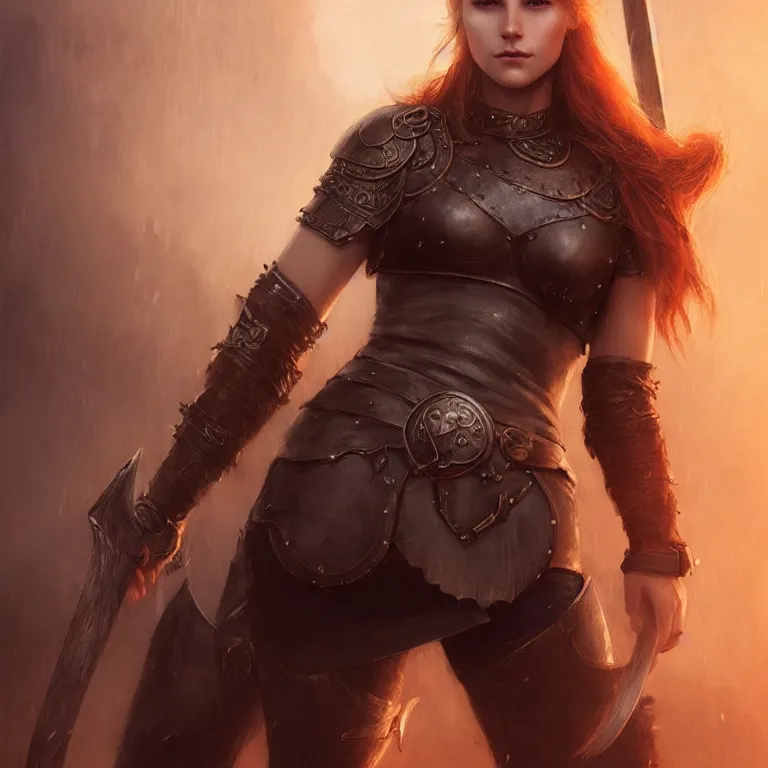 Prompt: cute female viking wearing leather armor in times square by charlie bowater and titian and artgerm, portrait, intricate, face, ginger hair, grey eyes, elegant, orange mist, highly detailed, dramatic lighting, sharp focus, trending on artstation, artstationhd, artstationhq, unreal engine, 4 k, 8 k