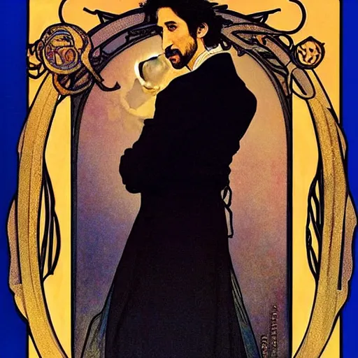 Image similar to adrien brody portrait by louis - theophile hingre and alphonse mucha, realistic, sharp focus, zodiac signs, tarot cards, planets, ethereal, art nouveau, magic, moon, sun, crown, dreamy, royal, jewellery