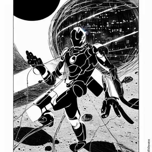 Image similar to black and white sad iron man with wires eat banana on hands on the destroed moon, wires earth background, by tsutomu nihei